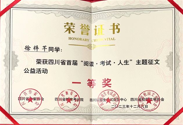 棠外高中徐梓芊同学在四川省首届“阅读·考试·人生”主题征文公益活动中荣获一等奖