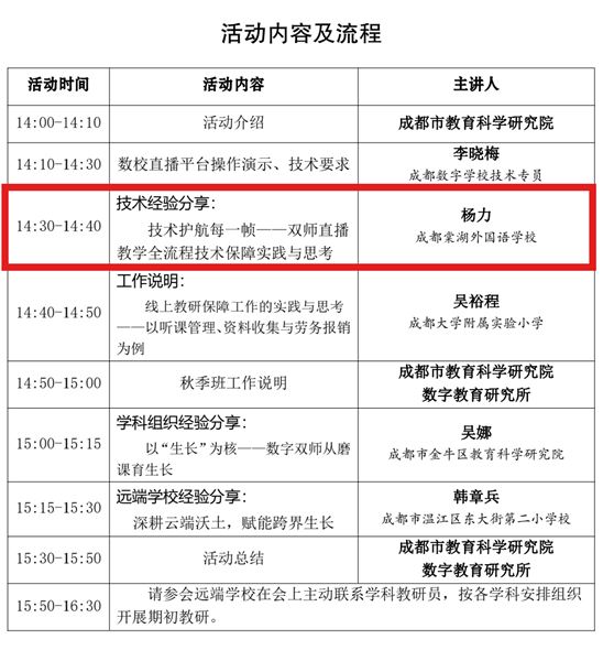 棠外杨力老师在成都数字学校2026秋季双师直播教师培训暨教研活动上作技术经验分享
